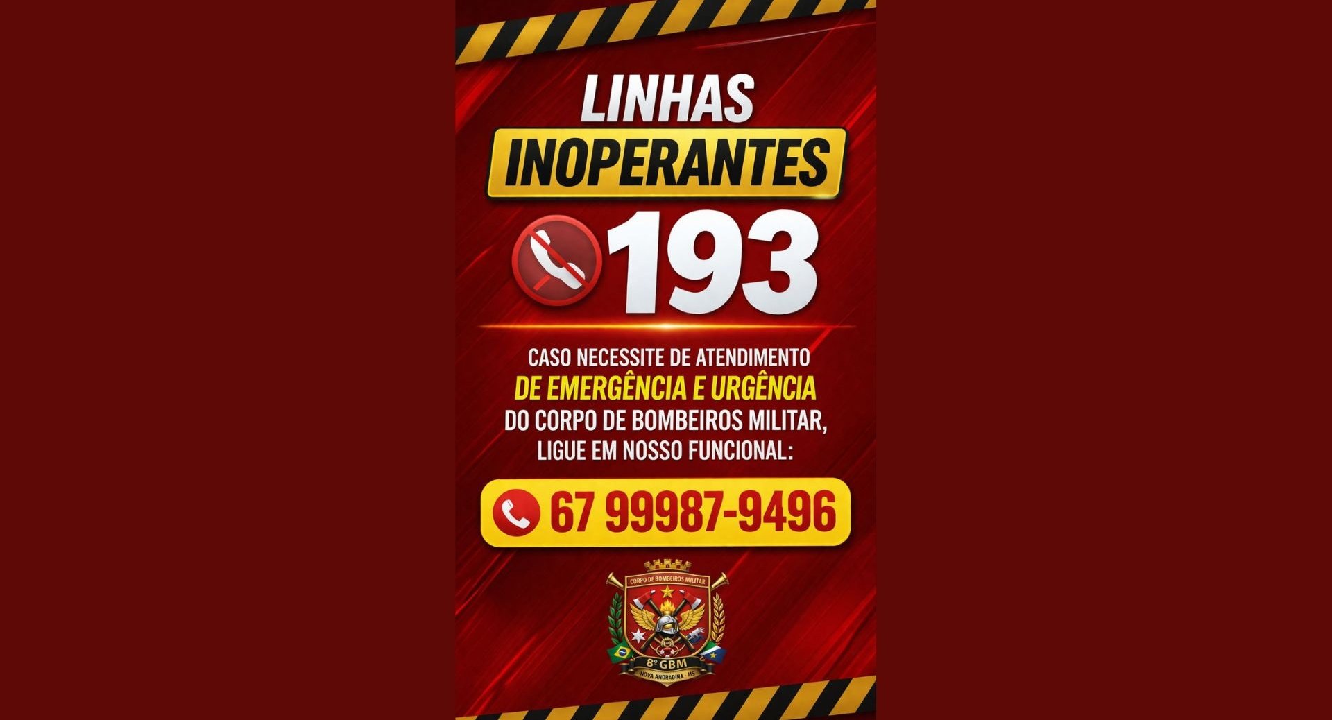 Telefone 193 do Corpo de Bombeiros Militar apresenta instabilidade; corporação disponibiliza contato alternativo