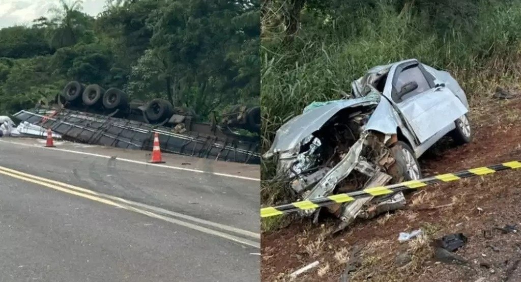 Batida entre carreta e carro mata homem na BR-163 em Nova Alvorada do Sul