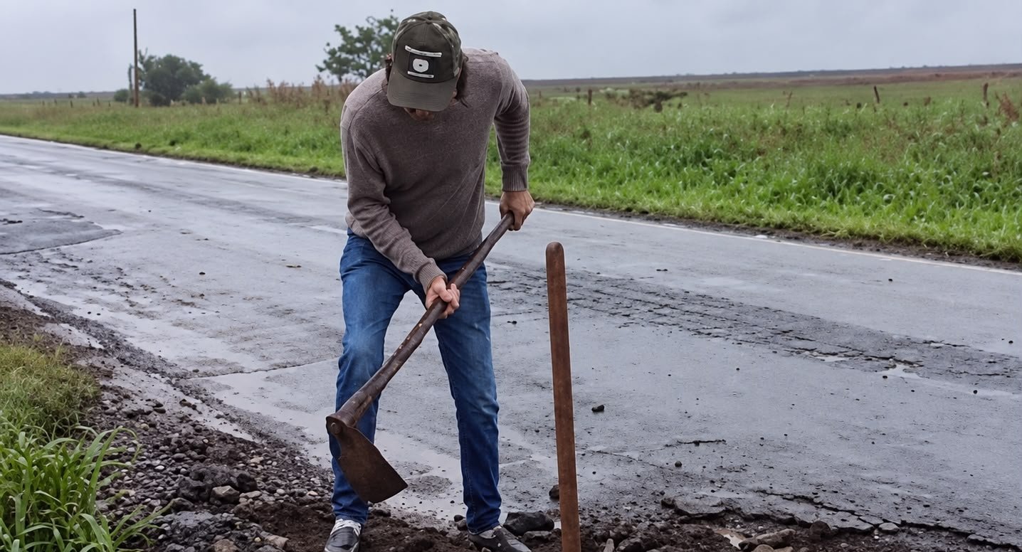 Revoltado após estourar dois pneus, morador pega marreta e enxadão para tapar buracos na BR-376